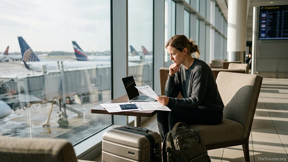 Traveler reviewing GeoBlue travel insurance documents in an airport lounge.