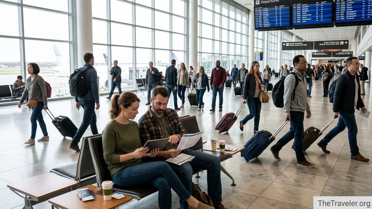 Travelers at an airport bench reviewing documents and tablets before an international flight.
