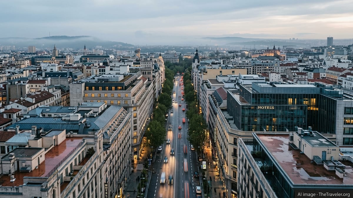 Aerial view of European city hotels at dusk with lights coming on and traffic below.