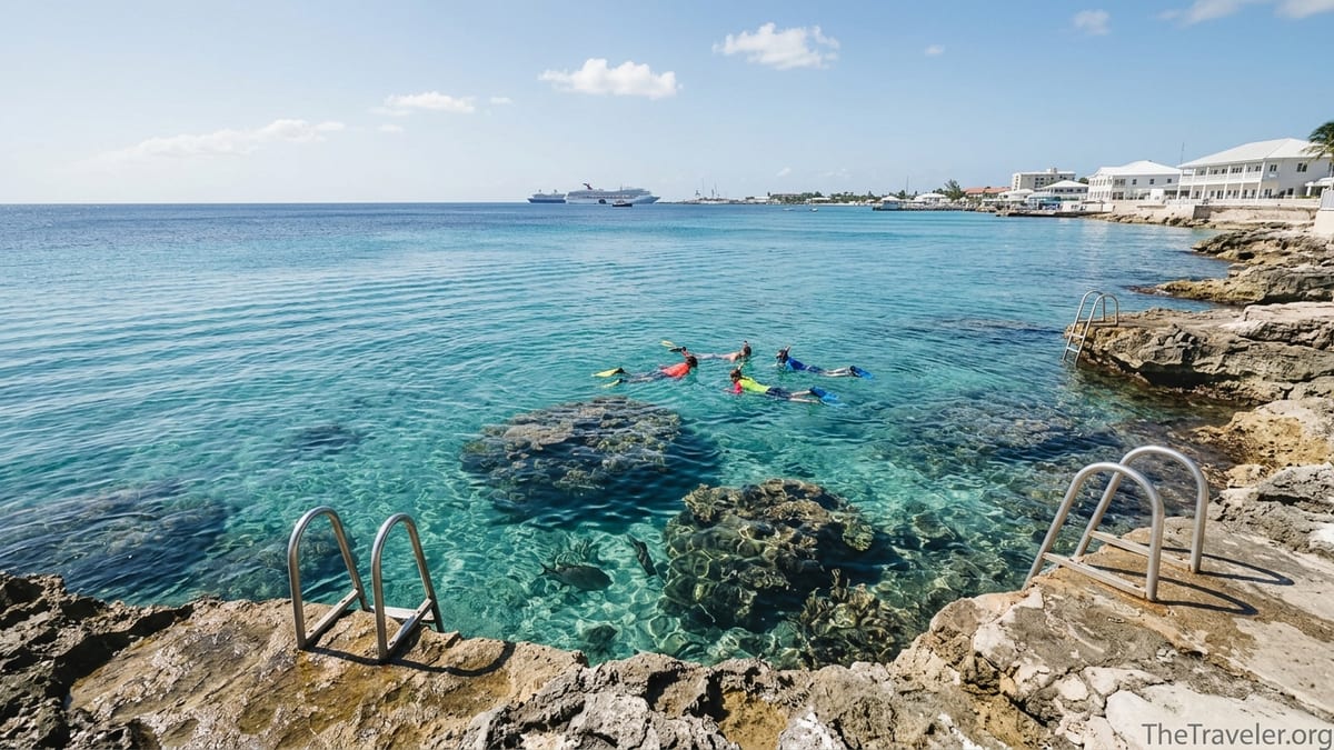 Snorkelers floating over clear turquoise reef near Eden Rock in George Town, Grand Cayman.
