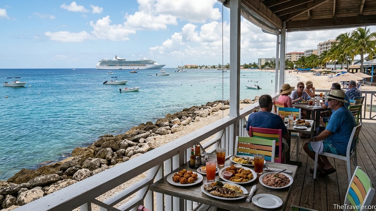 Waterfront restaurant in George Town Grand Cayman with diners, palm trees and a cruise ship offshore.