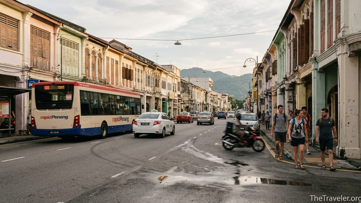 Rapid Penang bus and Grab car on a busy street in George Town at sunset.