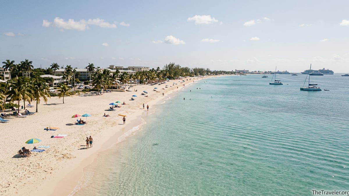 View along Seven Mile Beach with turquoise water, palms and cruise tenders near George Town in the distance.
