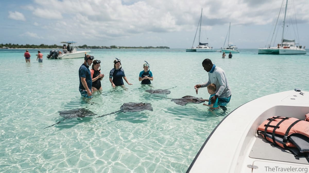 Small group of travelers wading at Stingray City sandbar near Grand Cayman as stingrays glide in clear shallow water.