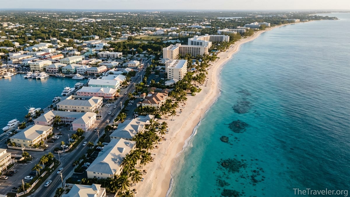 Aerial view of George Town harbor transitioning into Seven Mile Beach on Grand Cayman at sunset.