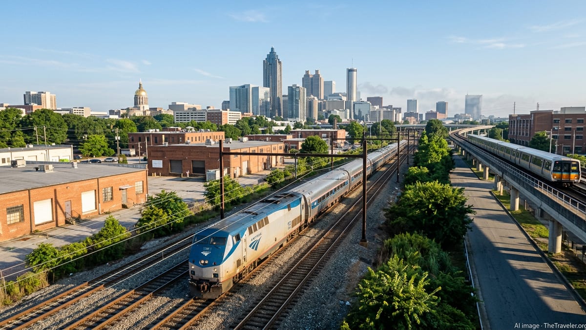 Amtrak train passing through Atlanta with the city skyline and a MARTA train in the background.