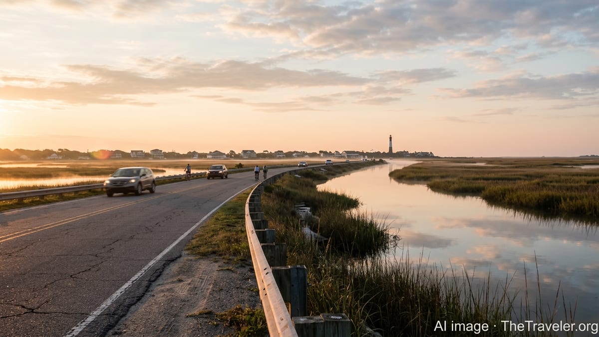 Sunrise over marshes and causeway leading to Tybee Island on the Georgia coast