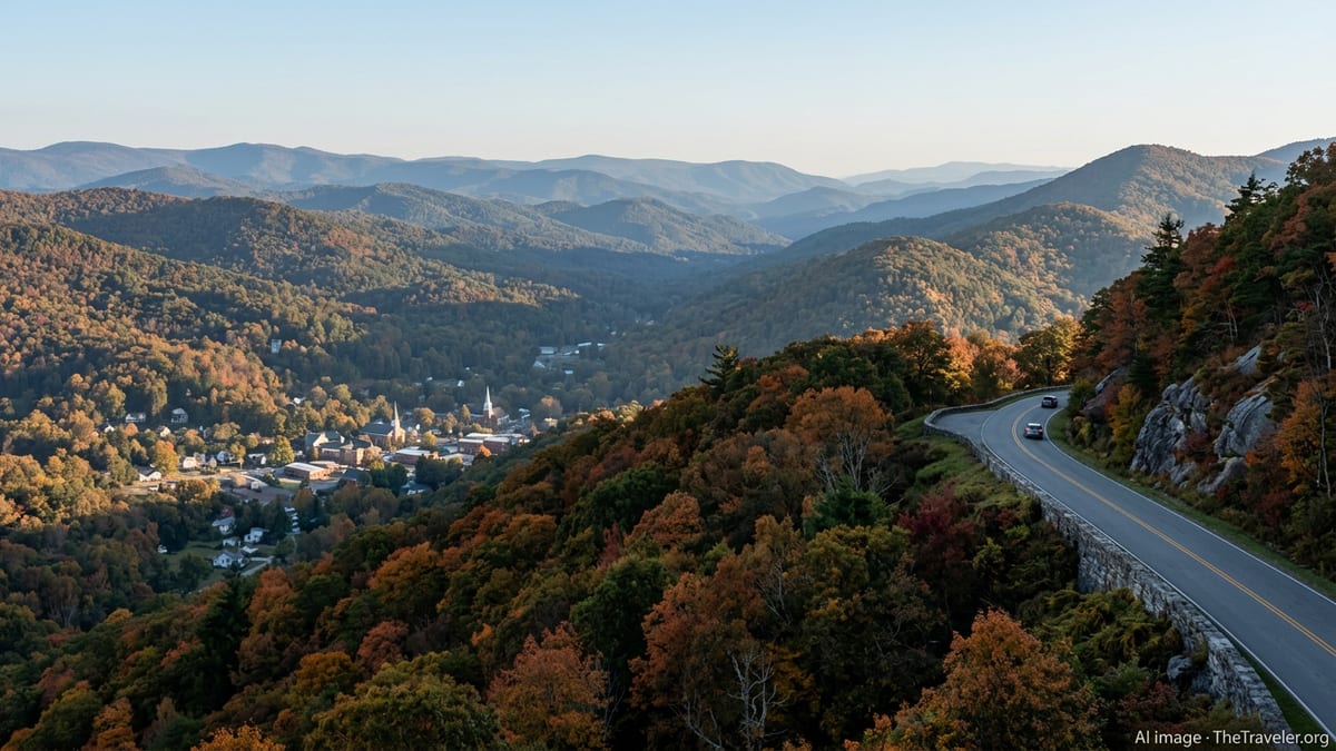 Autumn view of the Blue Ridge Mountains with a winding ridge-top road and distant valley town.