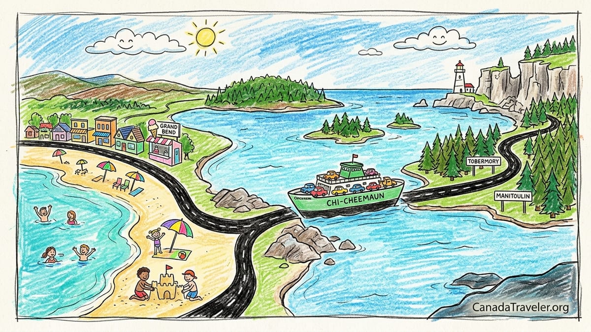 Coastal highway curving above turquoise Georgian Bay with rocky shore and pine‑covered islands.