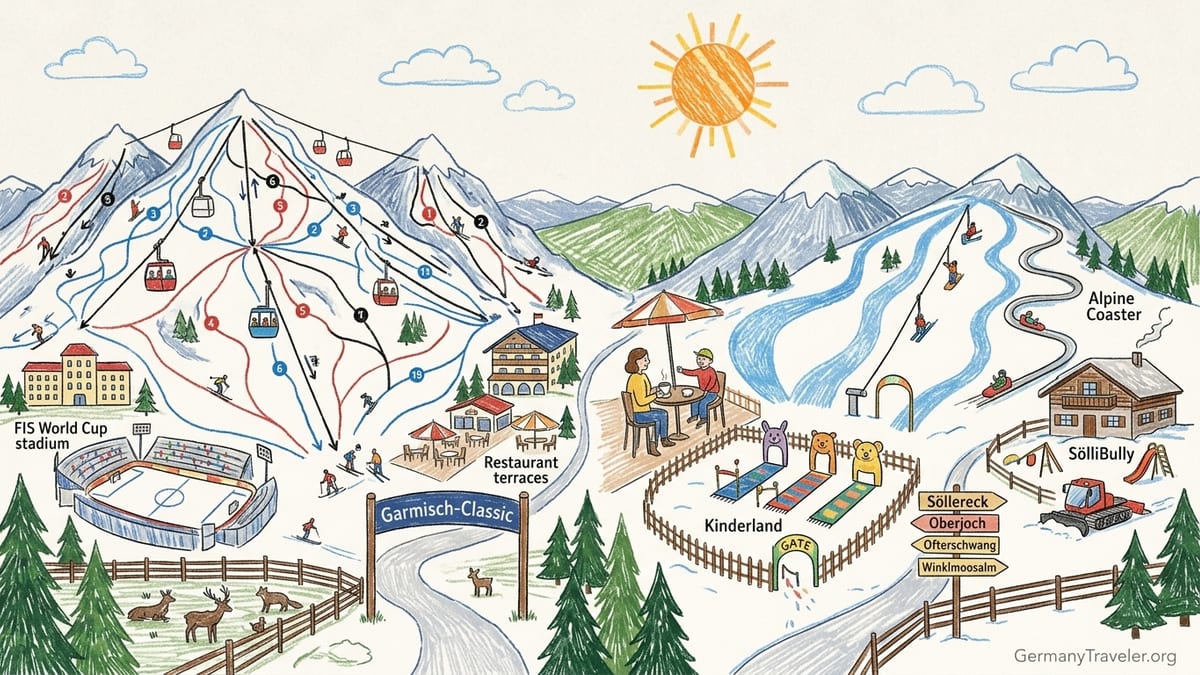 Families with children skiing on gentle blue slopes in the German Alps on a sunny winter day.