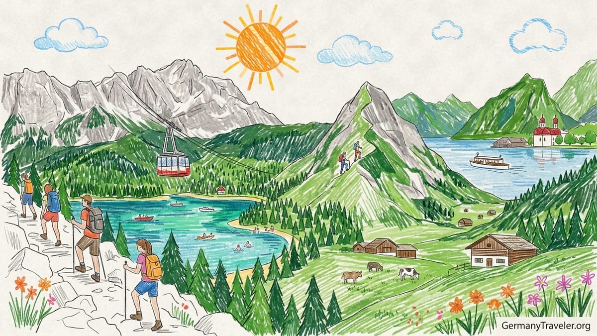 Summer view of Eibsee with swimmers, forest and Zugspitze peaks in the German Alps.