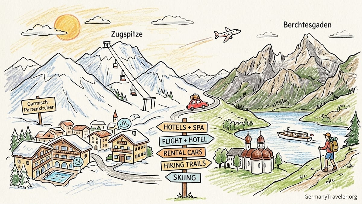 Panoramic view of Garmisch-Partenkirchen and the Zugspitze in soft morning light.