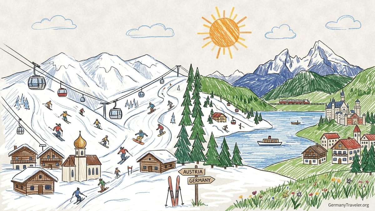 Emerald Königssee and a Tyrolean valley with chalets and peaks at golden hour