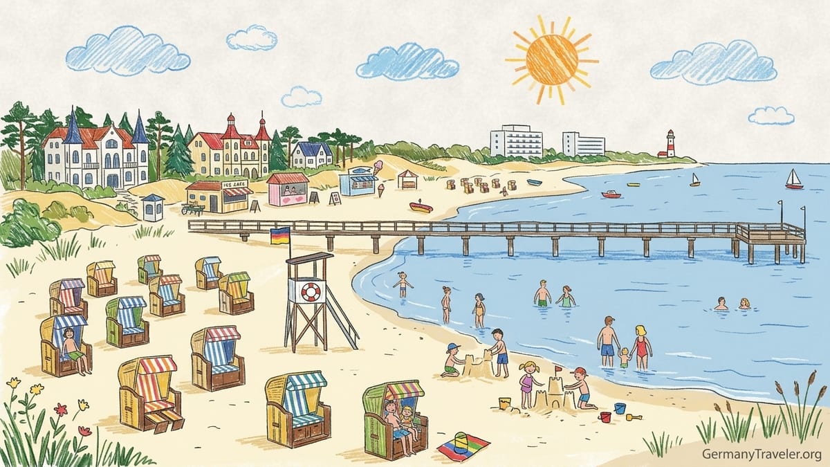 Aerial view of a German Baltic Sea beach with Strandkörbe, shallow water and a seaside promenade.