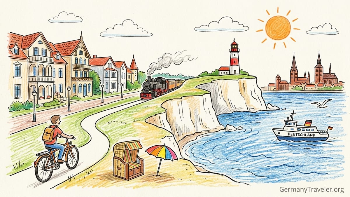 Sunrise over a German Baltic seaside promenade with beach chairs and villas