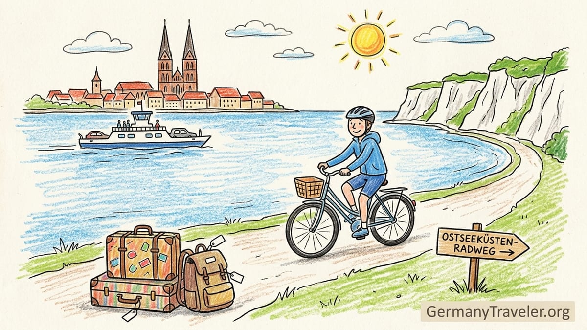 Cyclists on the Baltic Sea Cycle Route near dunes and sea on the German Baltic coast.