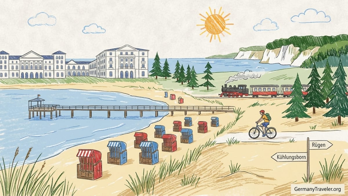 Wide sandy Baltic Sea beach with dune grasses and wicker beach chairs near a German seaside resort.
