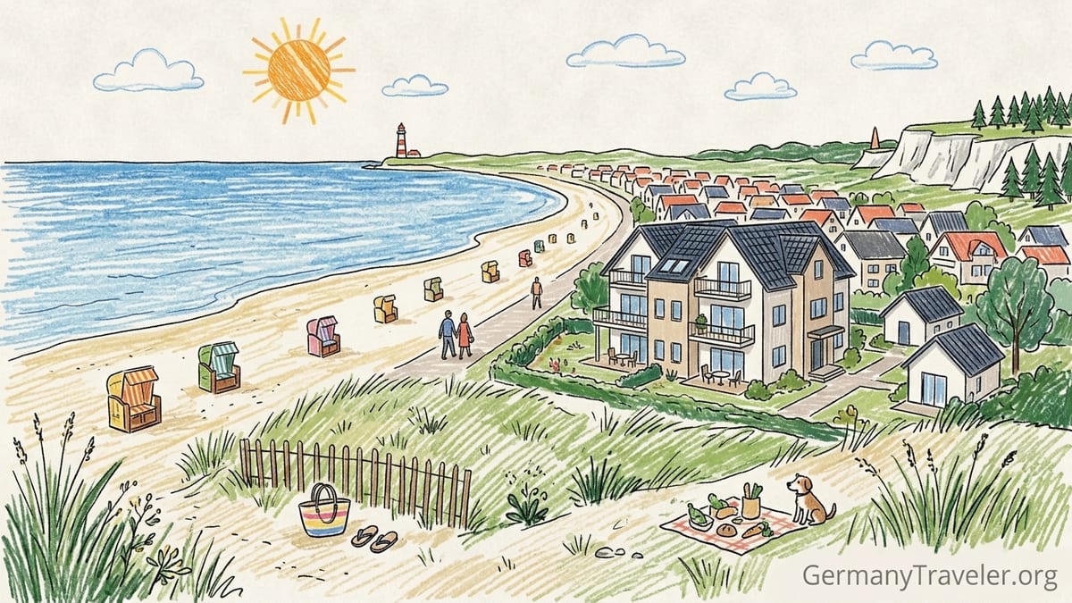 Families and a dog walking along a sandy Baltic Sea beach lined with dunes and holiday apartments in the background.