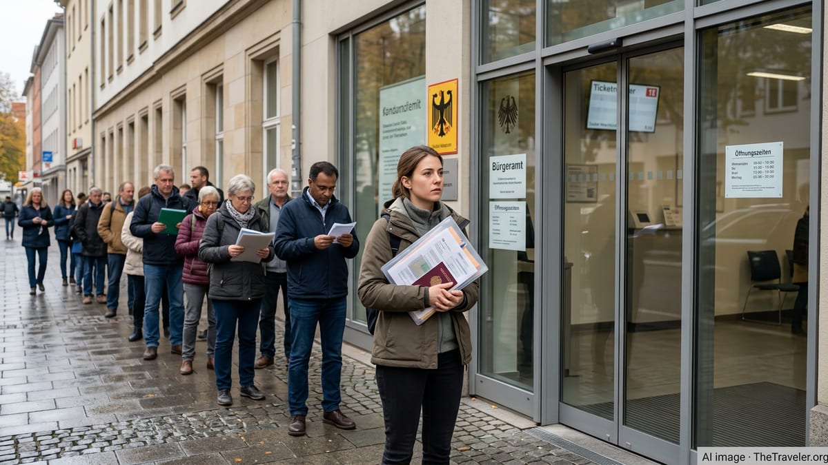 Expats waiting with documents outside a German citizens office entrance.