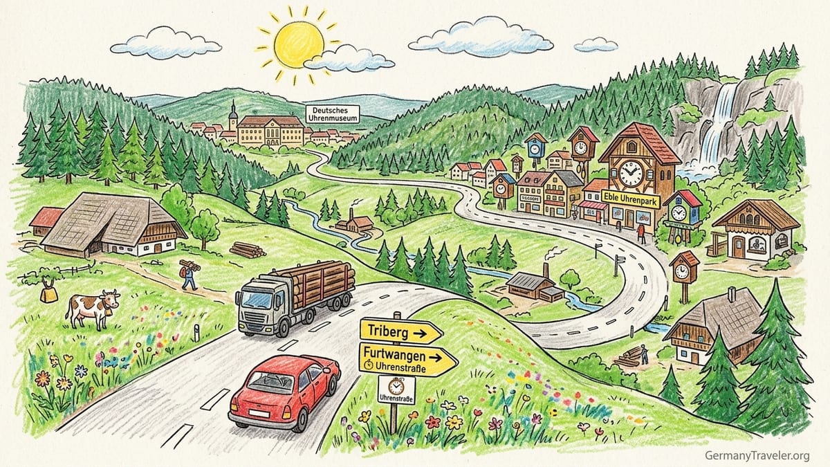 Curving road along Germany’s Clock Road passing a traditional Black Forest farmhouse and small clock workshop.