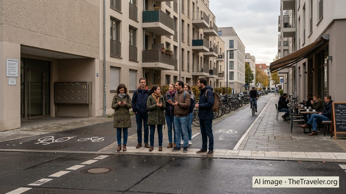 People quietly waiting at a crosswalk in a German city neighborhood with apartments and a café.
