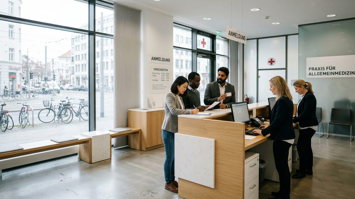Expats speaking with staff at a German medical clinic reception desk