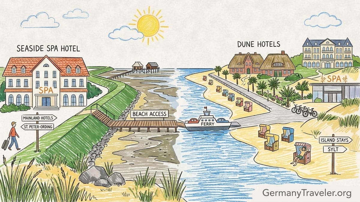 Sunrise over a German North Sea beachfront hotel with dunes and Strandkorb chairs.