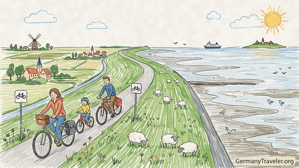 Cyclists ride along a grassy dike on the German North Sea coast near Husum.