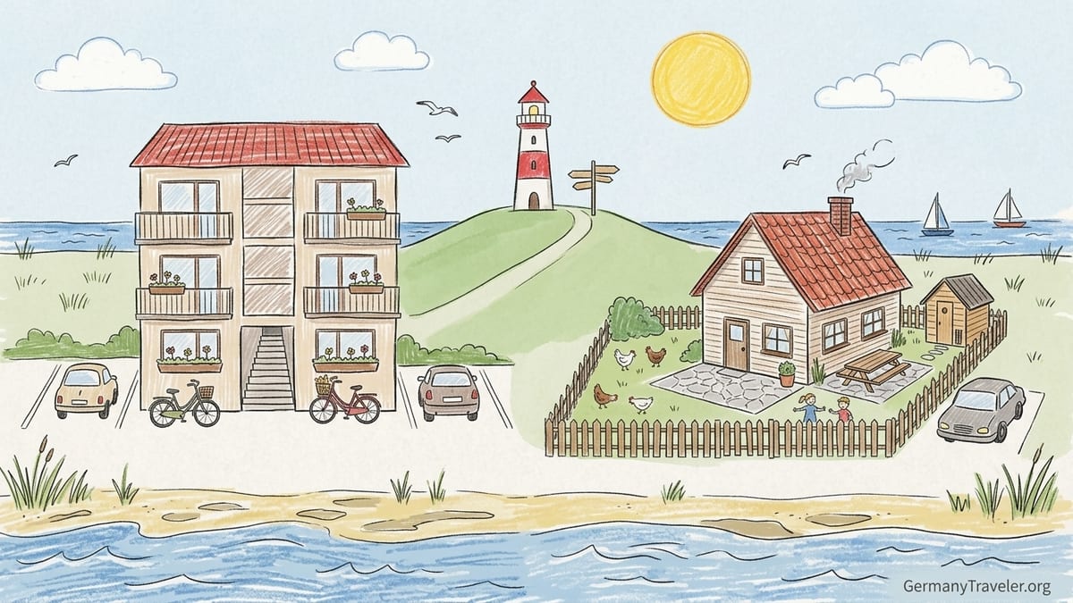 German North Sea holiday houses and apartments behind a grassy dike at low tide.