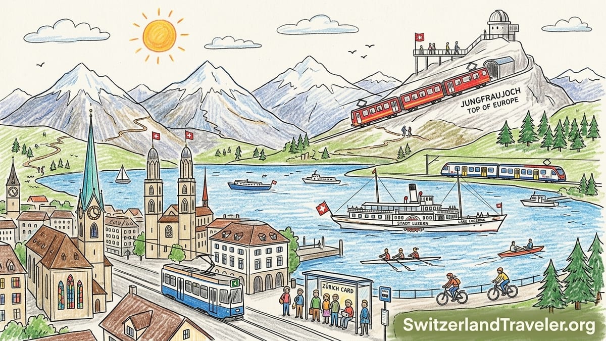 View of Lucerne’s Chapel Bridge, lake boats and alpine peaks on a clear summer day.