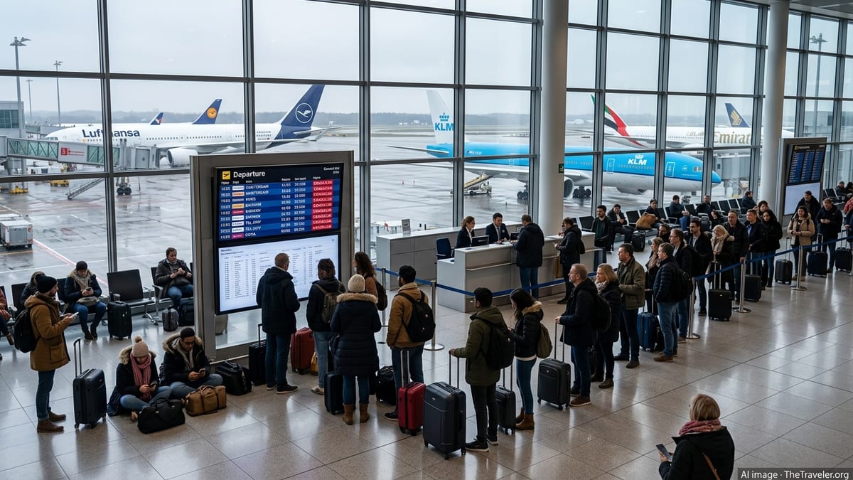 Passengers crowd around information screens in a German airport as flights to major hubs show cancelled.