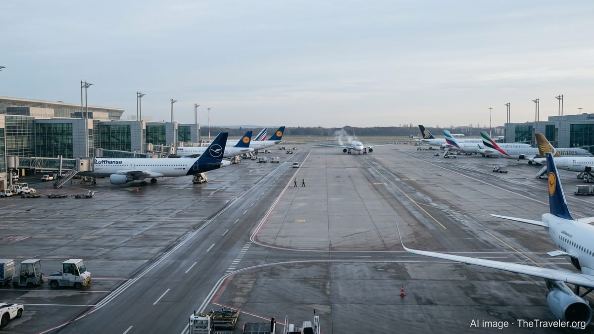 View of Frankfurt Airport apron with several jets parked at gates and a few empty stands on a cloudy morning.