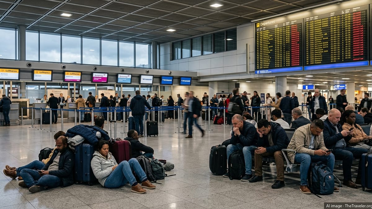 Stranded passengers wait with luggage under a departure board at a crowded German airport.