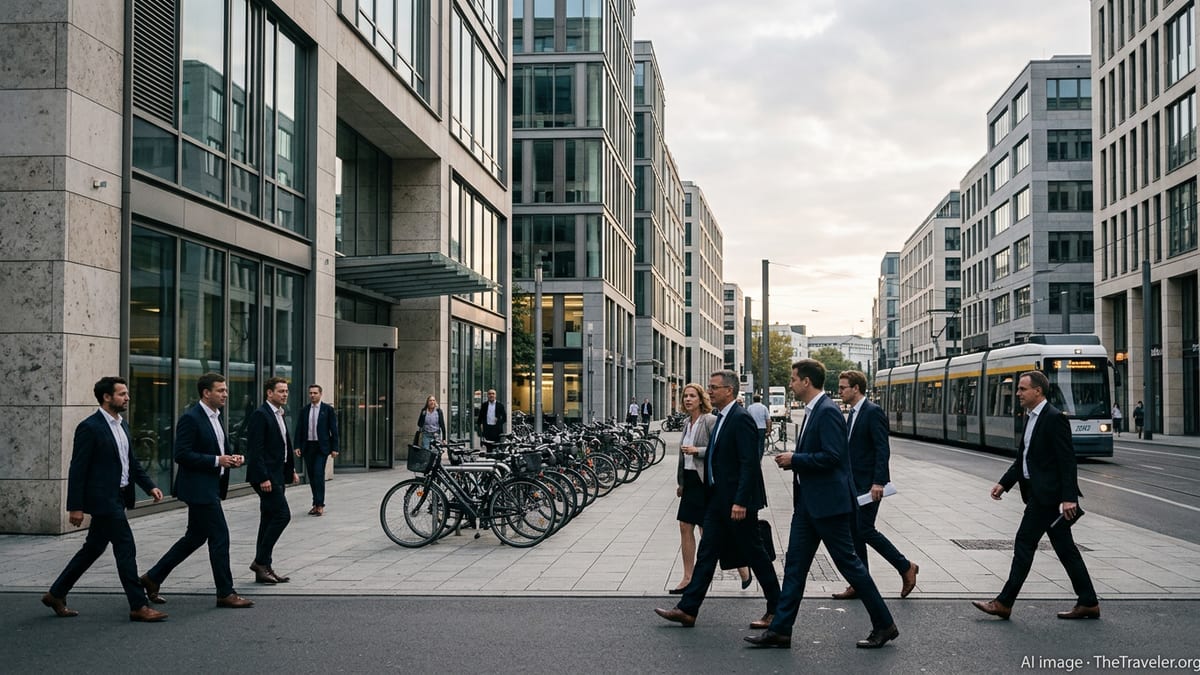 Professionals walk through a modern German business district with glass office buildings and a tram in the background.