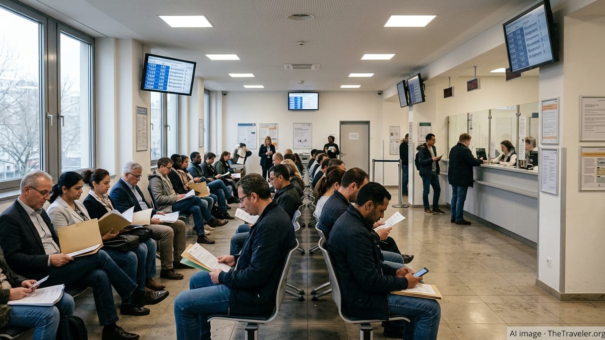 Expats waiting with documents in a German city citizens’ office queue area.
