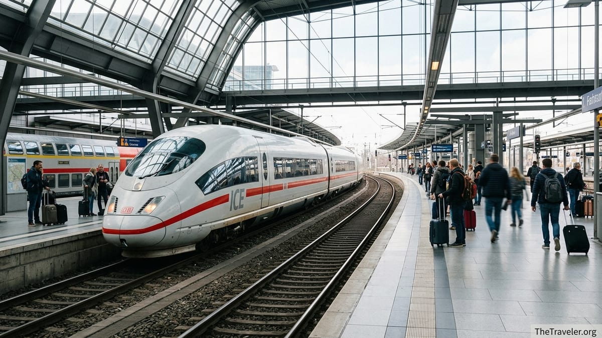 ICE train at a modern German station with travelers and luggage on the platform.