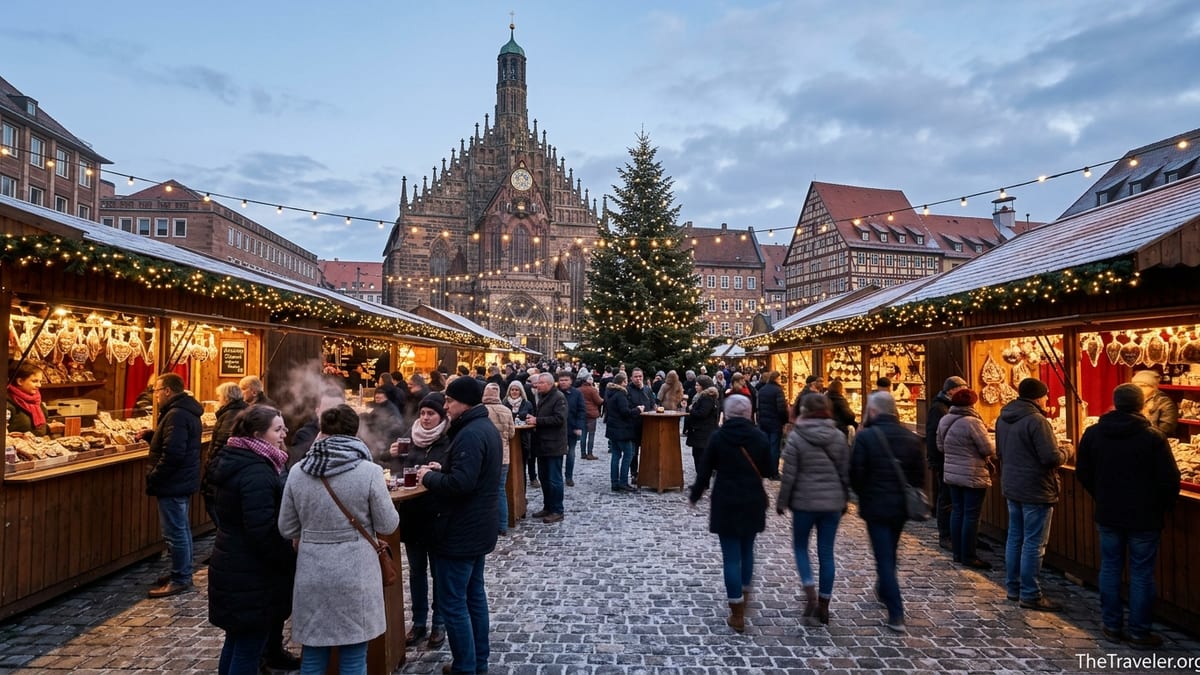 Crowded German Christmas market at dusk with lights, wooden stalls and historic church.