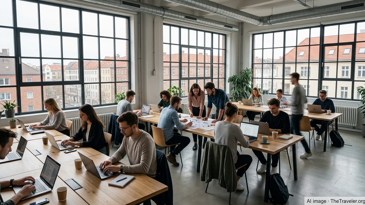 Professionals working in a modern Berlin coworking space with city view.
