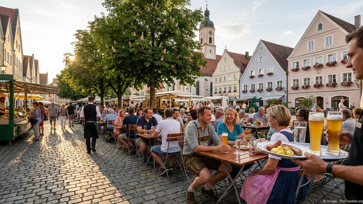 People dining outdoors in a historic German city square at sunset with traditional buildings.