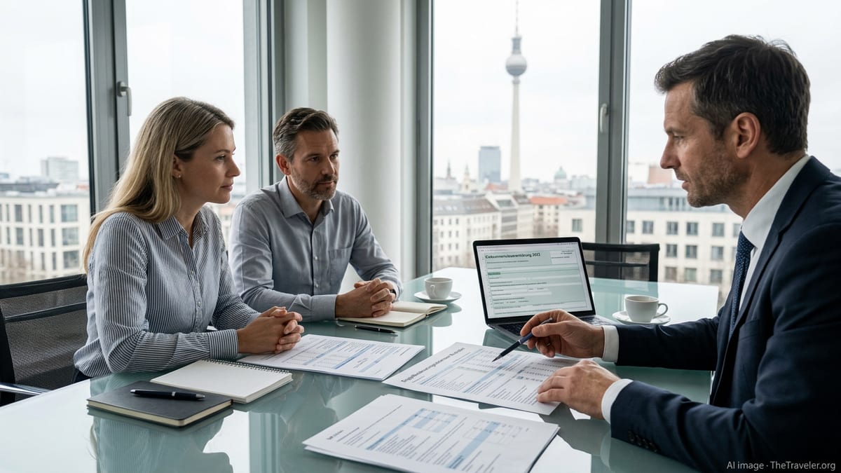 Expat couple discussing double tax treaty details with an advisor in a Berlin office