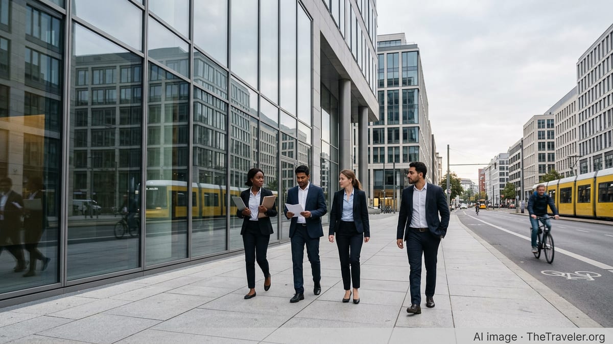 Skilled international professionals outside a modern office building in Berlin’s business district.