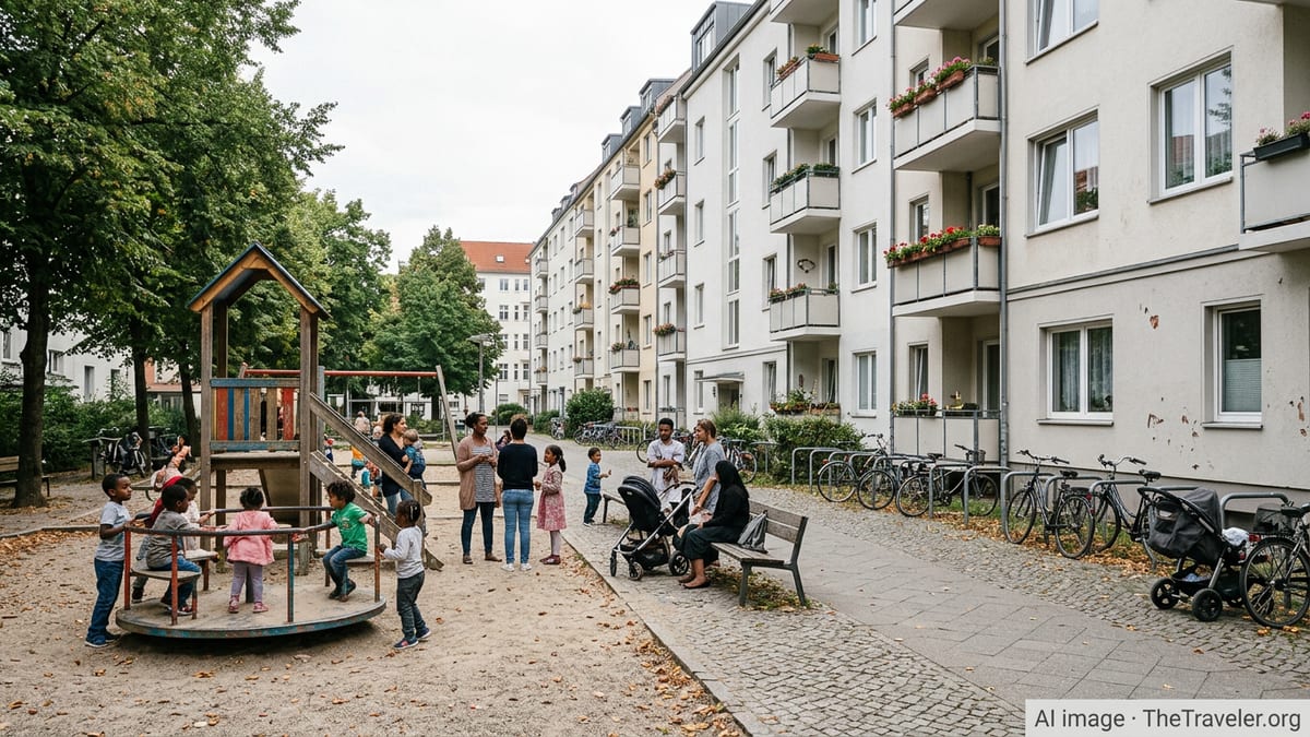 Parents and children in a German neighborhood playground with apartments in the background.