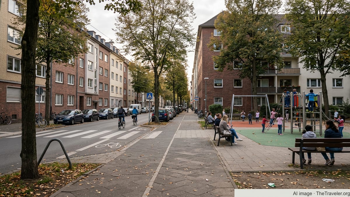 Families with children playing in a quiet German city neighborhood with apartments and bike lanes.