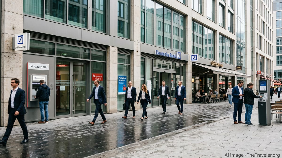 Frankfurt financial district with bank branches, ATMs, and pedestrians on a cloudy day.