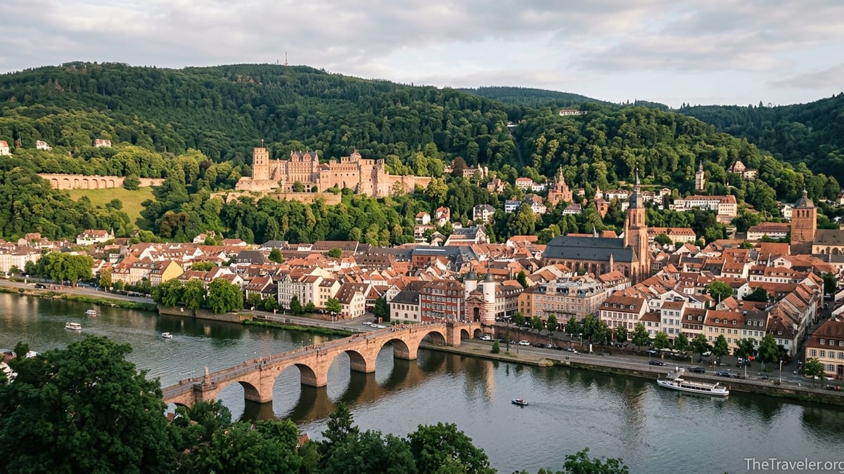 View over Heidelberg’s old town, castle, and Neckar River at golden hour in summer.