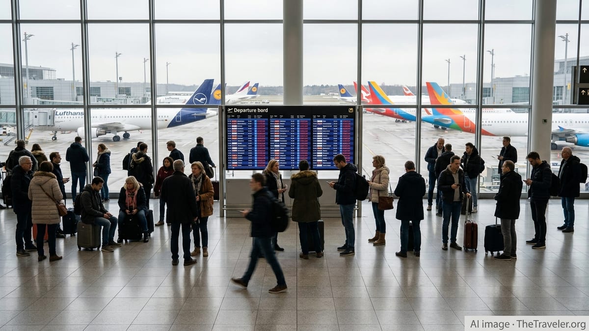 Crowded terminal at a German airport with many flights marked cancelled on the departure board.