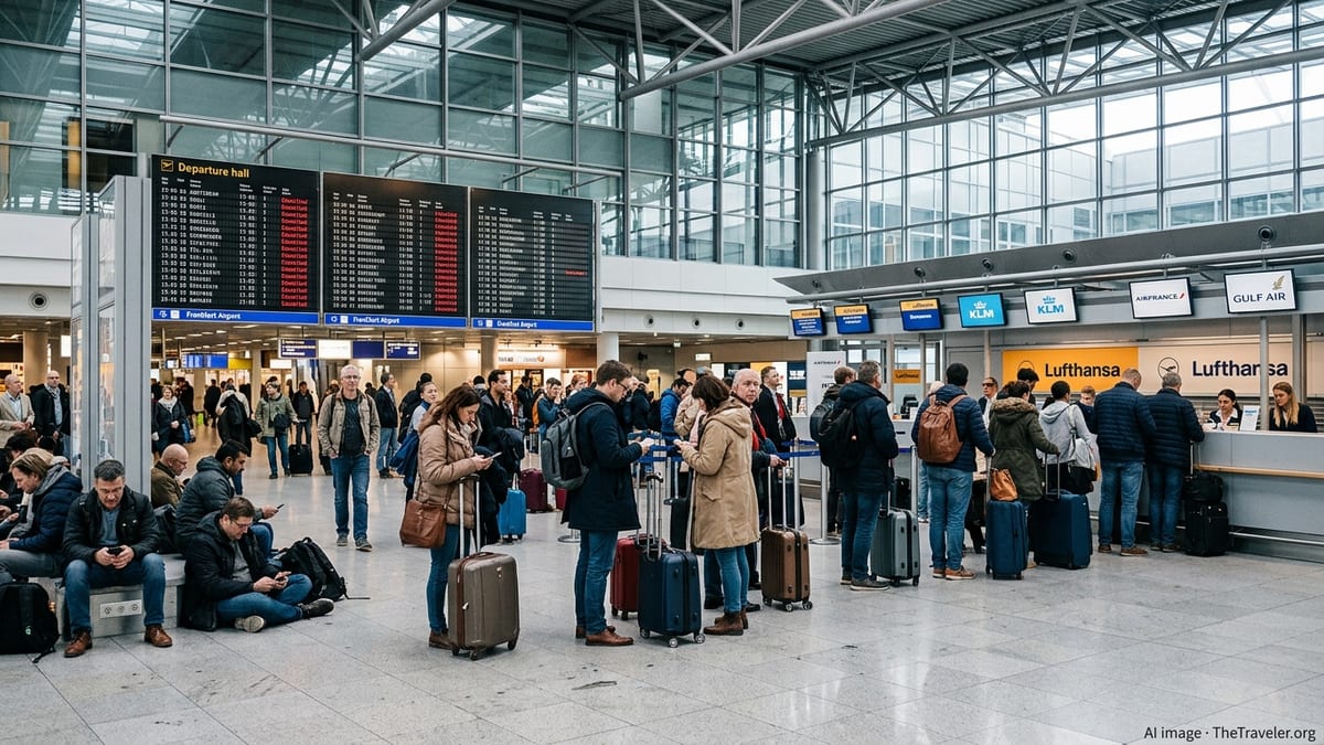 Crowded Frankfurt Airport departure hall with multiple cancelled flights on overhead boards.