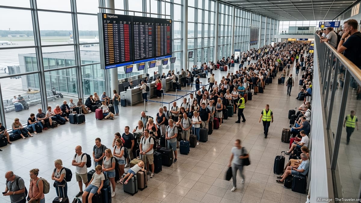 Crowded German airport terminal with long queues and many flights marked cancelled on departure boards.
