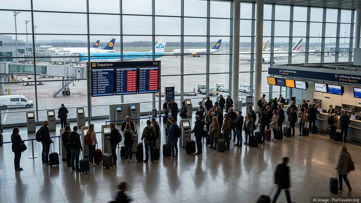 Passengers queue inside a German airport terminal as departure boards show multiple cancelled flights.