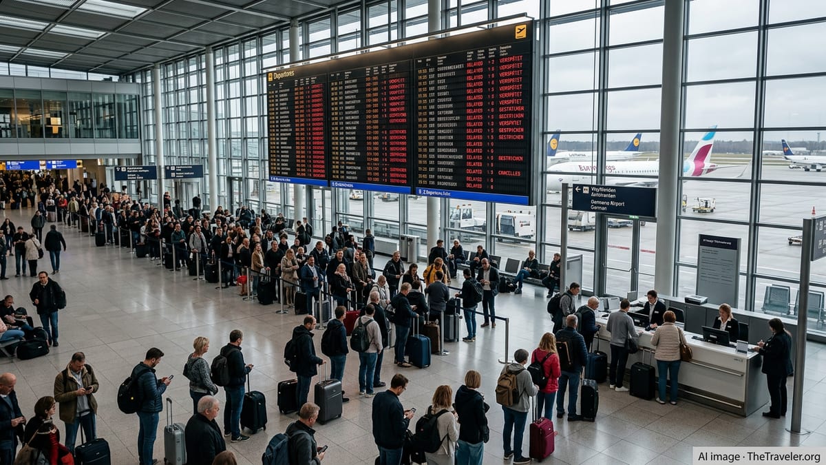 Crowded German airport terminal with long queues and a departures board showing multiple delayed and cancelled flights.